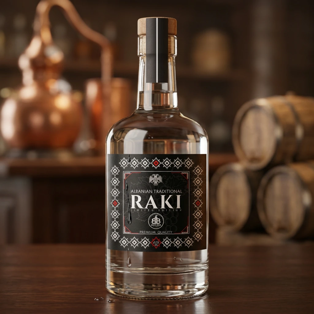 Distileria BB Raki Rrushi bottle beside copper stills and oak barrels