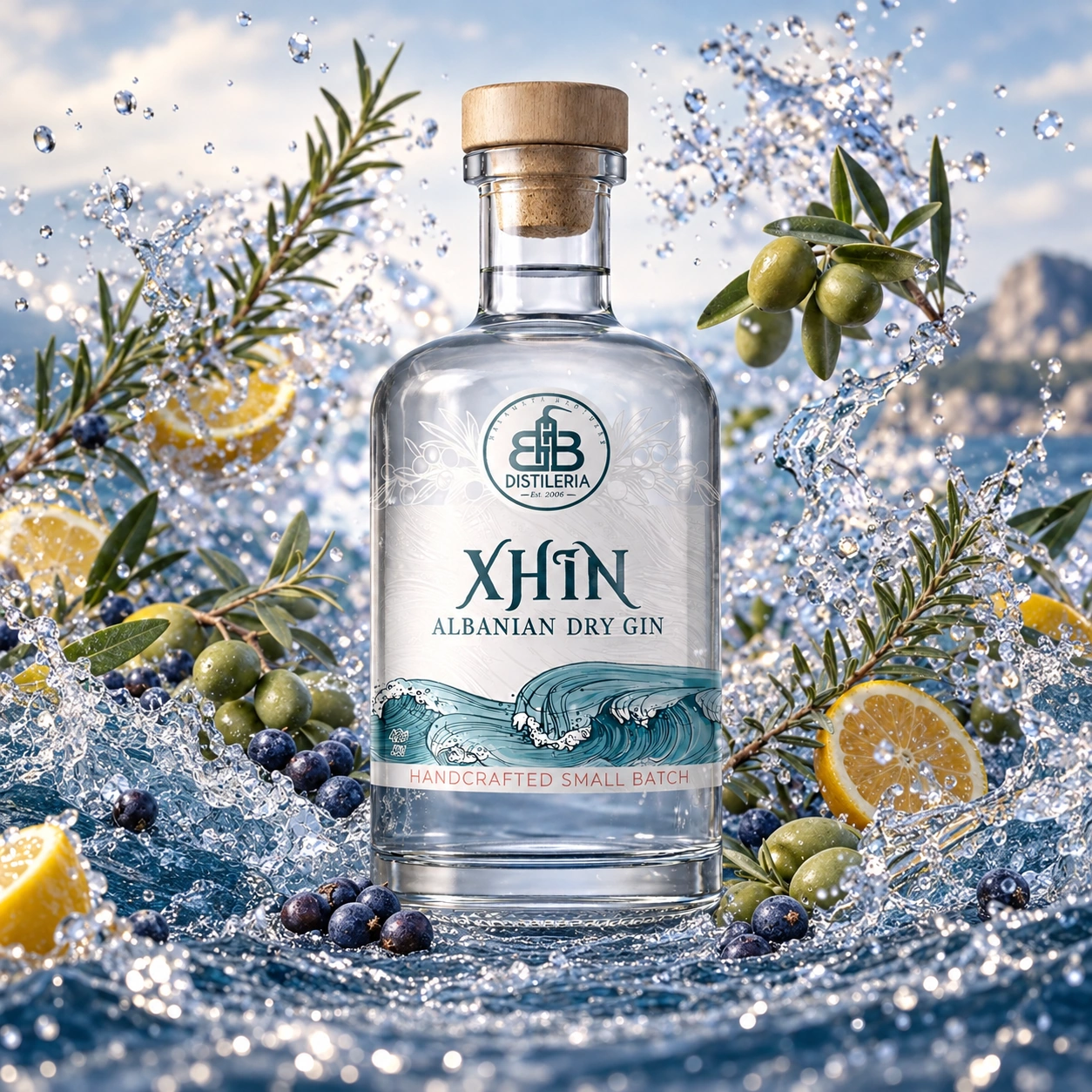 XHIN Albanian Dry Gin bottle with citrus and botanicals